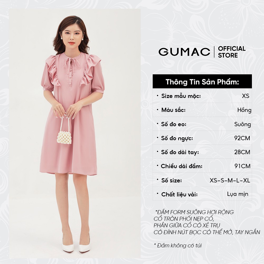 Đầm suông nữ phối bèo vai GUMAC thiết kế dễ thương, xinh xắn màu hồng DB308