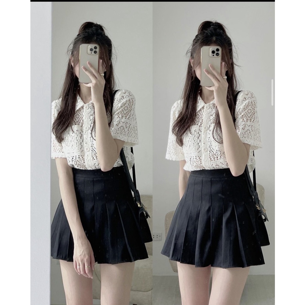 Áo sơ mi cổ đức ren EMIX (5 màu), dáng ngắn, cổ v, form ôm, cộc tay, túi ngực, chất ren mềm 29