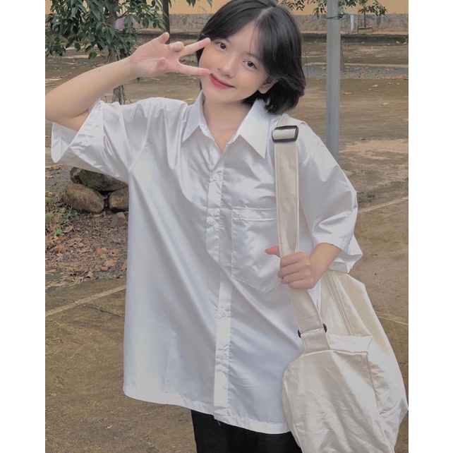 [Clip Thật]  Áo Sơ Mi Trắng Kiểu Dáng Basic Unisex Dành Cho Nam/Nữ From Rộng Chất Vải Mềm Mịn Siêu Hot