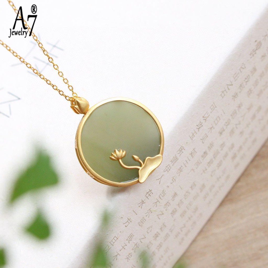 Dây Chuyền Mặt Tròn Hình Hoa Sen Đính Ngọc Bích Phong Cách Trung Hoa Cổ Điển S925