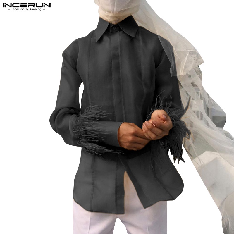 Áo sơ mi INCERUN tay dài xuyên thấu cổ tay phối lông vũ thời trang cho nam