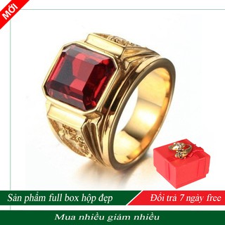 NHẪN NAM TITAN VÀNG BẠC ĐÍNH ĐÁ ĐỎ ĐEN XANH KHẮC RỒNG FULL BOX