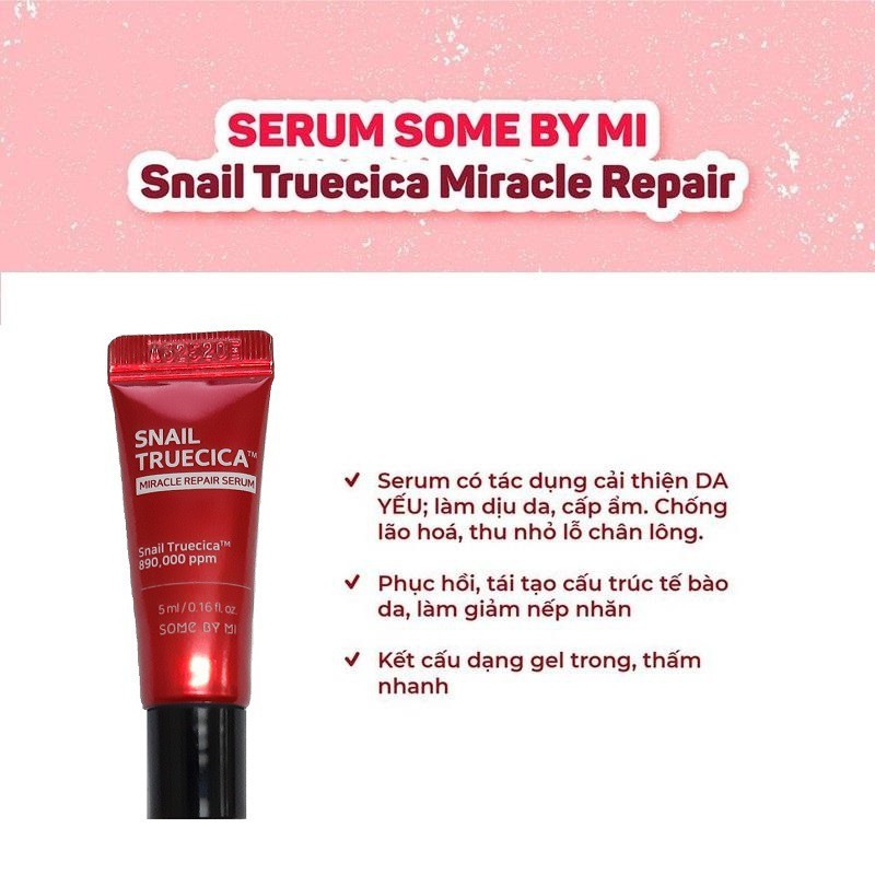 Travel Size -Tinh Chất Phục Hồi, Cải Thiện Thâm Sẹo Chiết Xuất Ốc Sên Some By Mi Snail Truecica Miracle Repair Serum 5ml