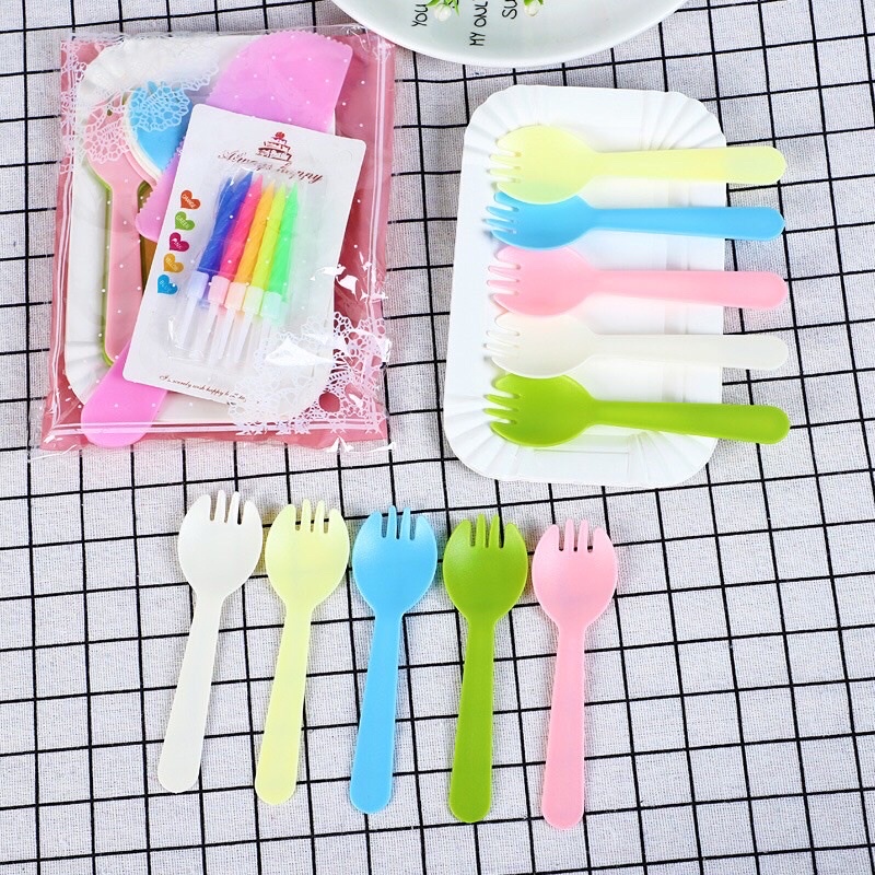 Bộ set 10c đĩa, dĩa, dao, nến ăn bánh kem sinh nhật màu pastel an toàn