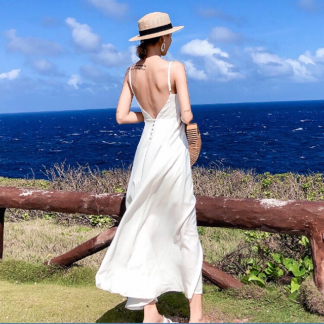 [ẢNH THẬT] Váy đầm maxi trắng 2 dây hở lưng kết nút mang đi biển chụp ảnh cưới siêu xinh