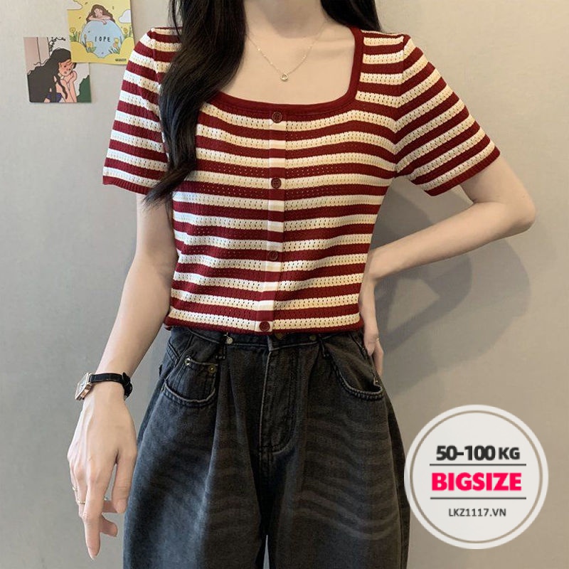 Áo thun lụa lạnh sở sọc Bigsize Áo nữ form rộng tay ngắn cổ vuông mùa hè Phong cách Hàn Quốc Thời Trang tiểu thư cá tính xinh đẹp cho người mập béo