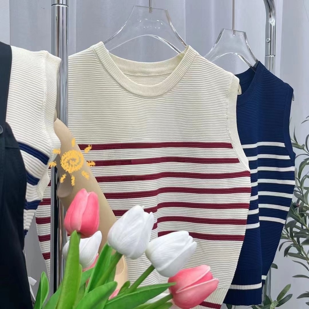 Áo Sweater Dệt Kim Sát Nách Cổ Tròn Dáng Rộng Kẻ Sọc Thời Trang Mùa Hè Mới Cho Nữ