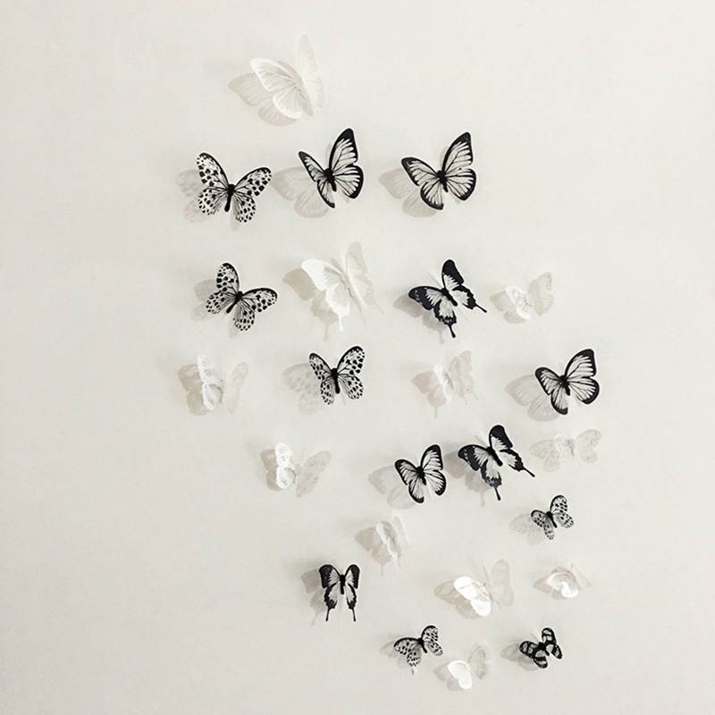 Set 12/24 Miếng Dán Tường Hình Bướm 3D Màu Trắng Đen Nhiều Kích Thước Trang Trí Nhà Cửa