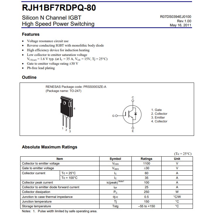 IGBT RJH1BF7 RJH1BF7RDPQ-80 60A 1100V TO-247 Mới