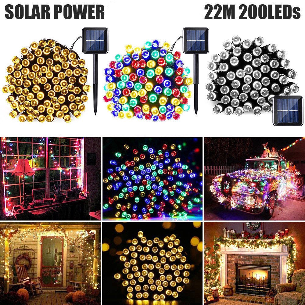 Dây đèn LED 200 bóng trang trí sân vườn dùng năng lượng mặt trời
