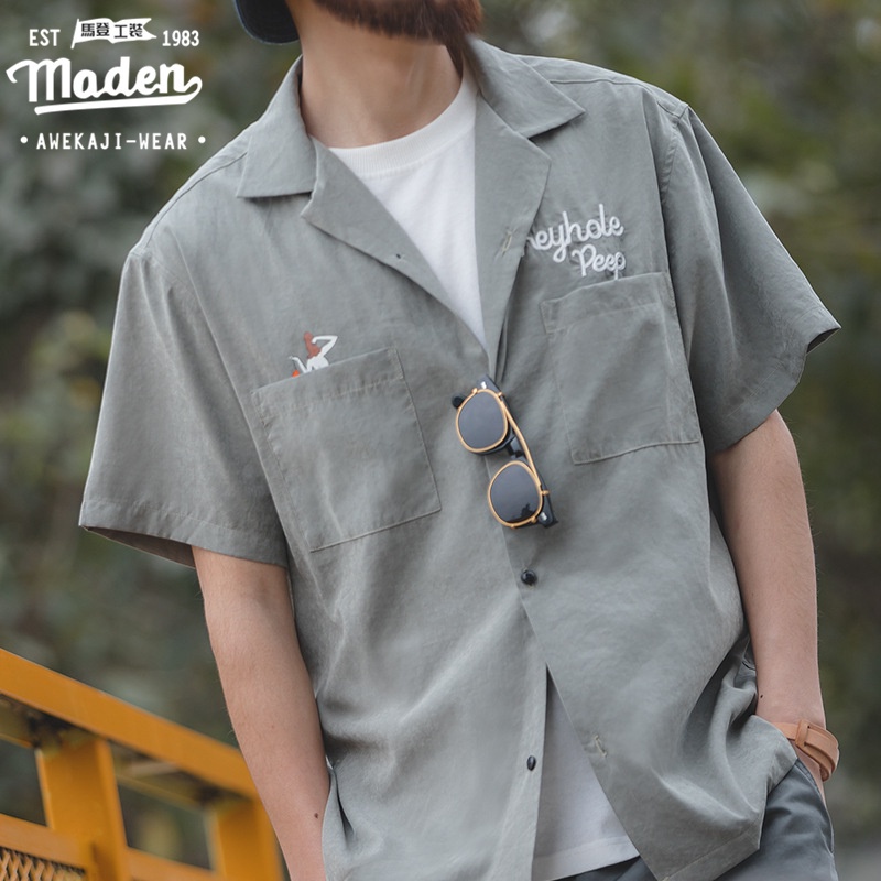 MADEN Áo Sơ Mi Tay Ngắn Cổ Chữ V Dáng Rộng Phong Cách retro Cho Nam