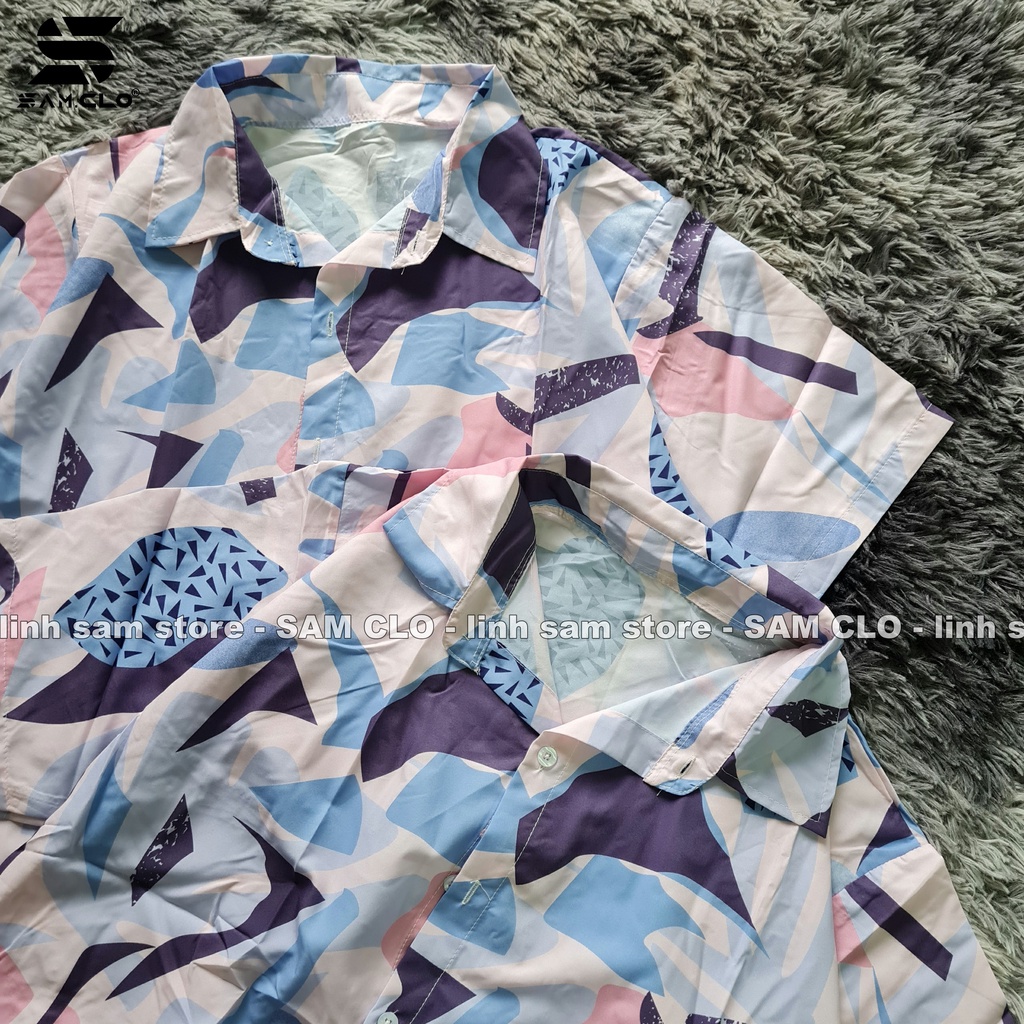 Áo SƠ MI NỮ form rộng in 3D cổ bẻ tay ngắn - lỡ dáng ulzzang freesize unisex mặc cặp, nhóm, LOANG PHỐI TÍM XANH