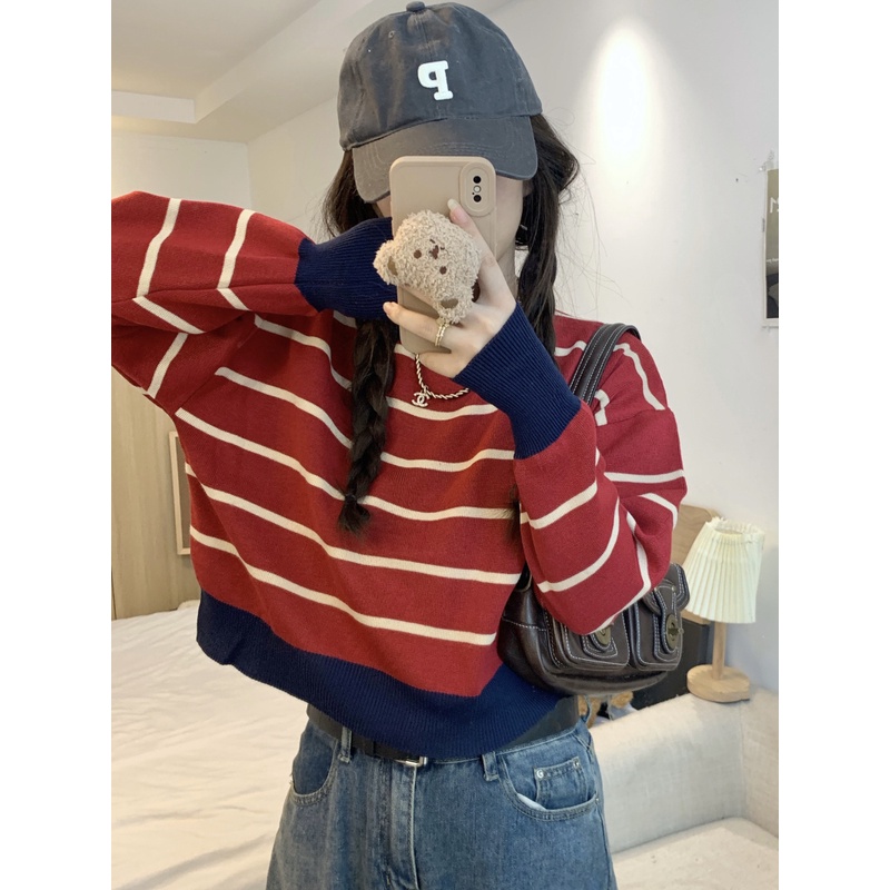 ZHELIHANGFEI Áo Len Tay Dài Lưng Cao Họa Tiết Kẻ Sọc Hợp Thời Trang