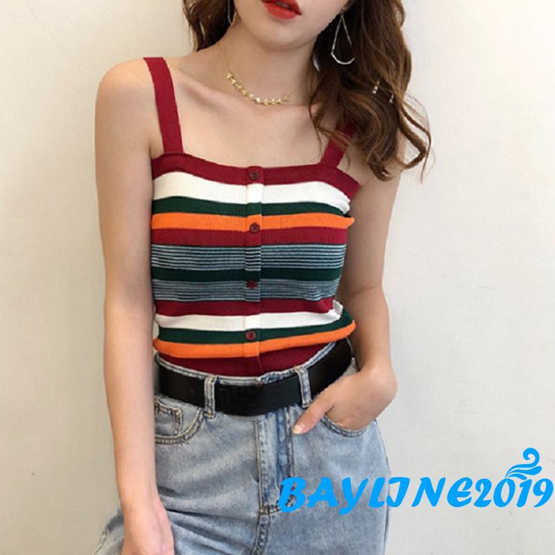 Áo croptop hai dây dệt kim họa tiết kẻ sọc nhiều màu sắc thời trang mùa hè cho nữ