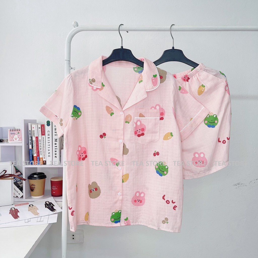 Bộ mặc nhà pyjama chất xô tre Tea Store áo cộc họa tiết dễ thương