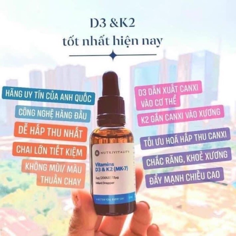 Vitamin D3 &amp; K2 MK7 Anh Nutrivitality UK 30ml giúp phát triển hệ xương,răng và tăng cường hệ miễn dịch (mẫu mới vỏ vàng)