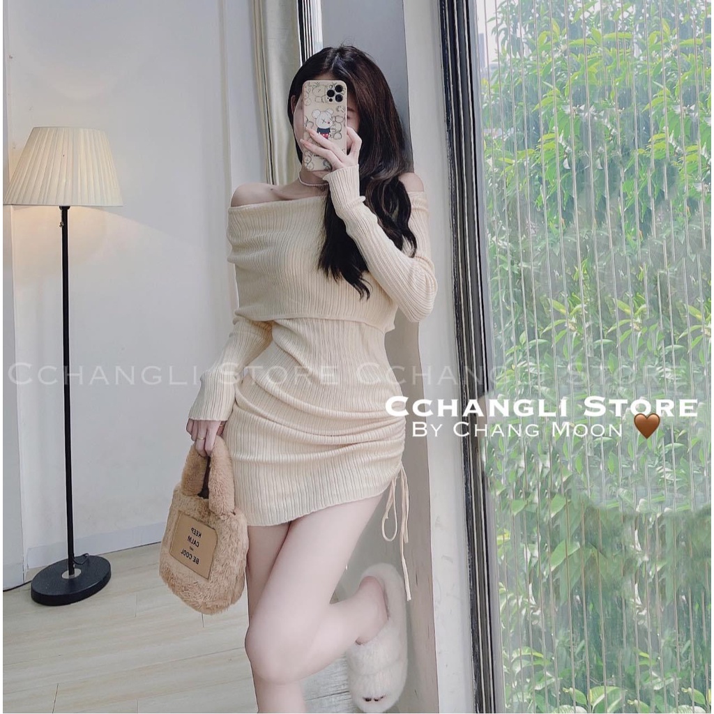 Váy len trễ vai rút hông vạt lệch DN0022