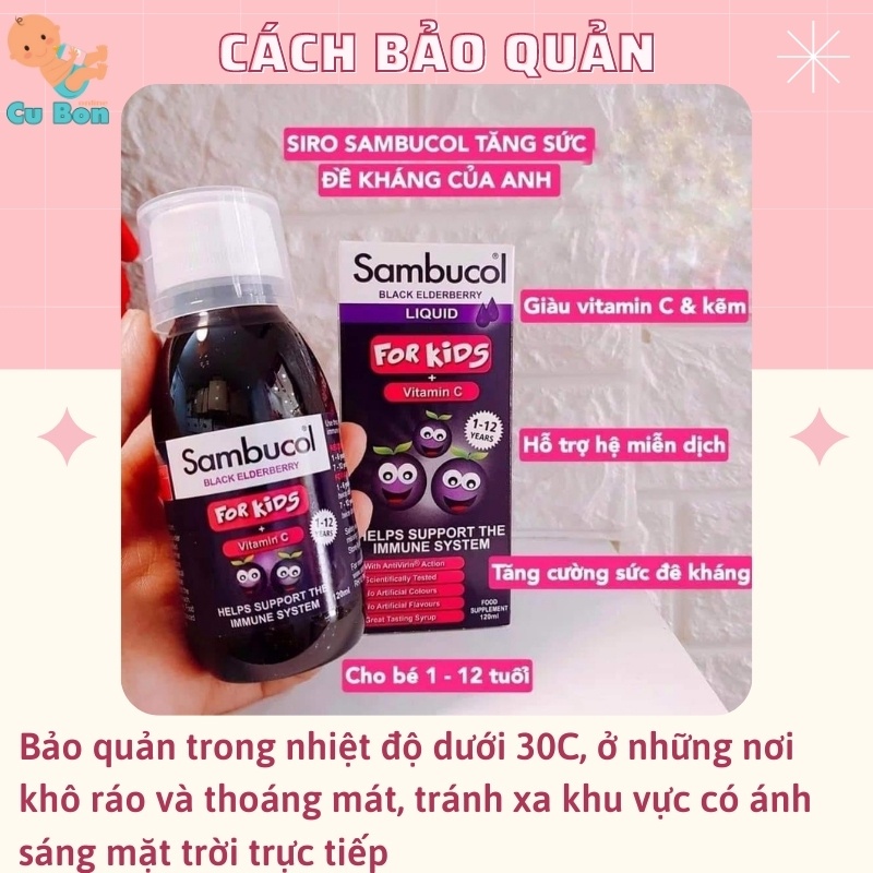 Siro Sambucol Tăng Sức Đề Kháng Cho Bé Trên 1 Tuổi của Anh 120ml giàu Vitamin C và kẽm giúp tăng đề kháng hiệu quả
