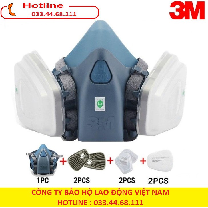 Bộ mặt nạ phòng độc 3.M 7502 gồm 1 mặt nạ + kính bảo hộ + 2 phin lọc + 2 bông lọc