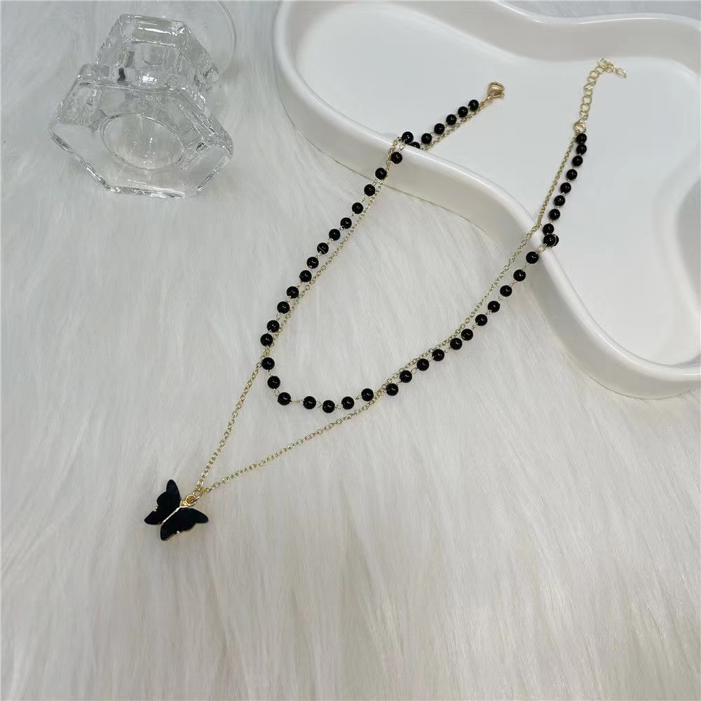iF YOU Vòng Cổ Choker Màu Đen Mặt Hình Bướm Đính Ngọc Trai Phong Cách Cổ Điển Thời Trang Cho Nữ