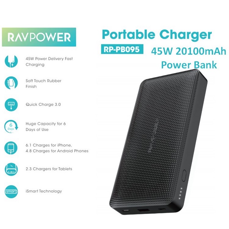 Pin sạc dự phòng RAVPOWER RP-PB095 20100mAh PD 3.0 45W & QC 3.0 18W