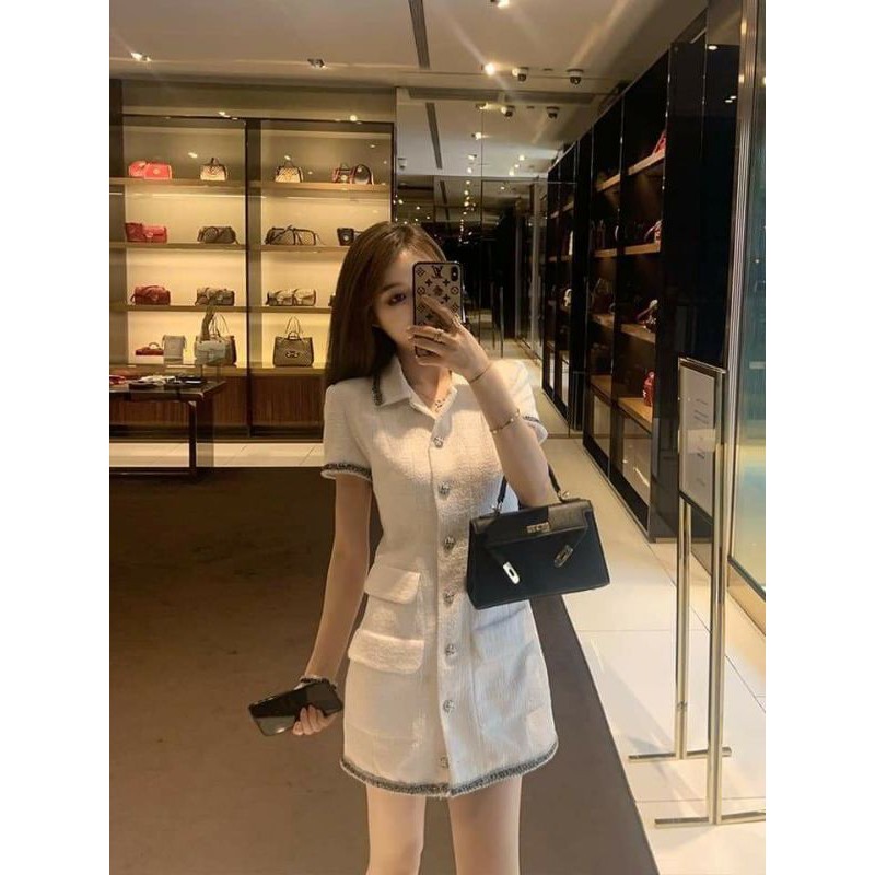 Đầm bố trắng đen viền đen hàng thiết kế