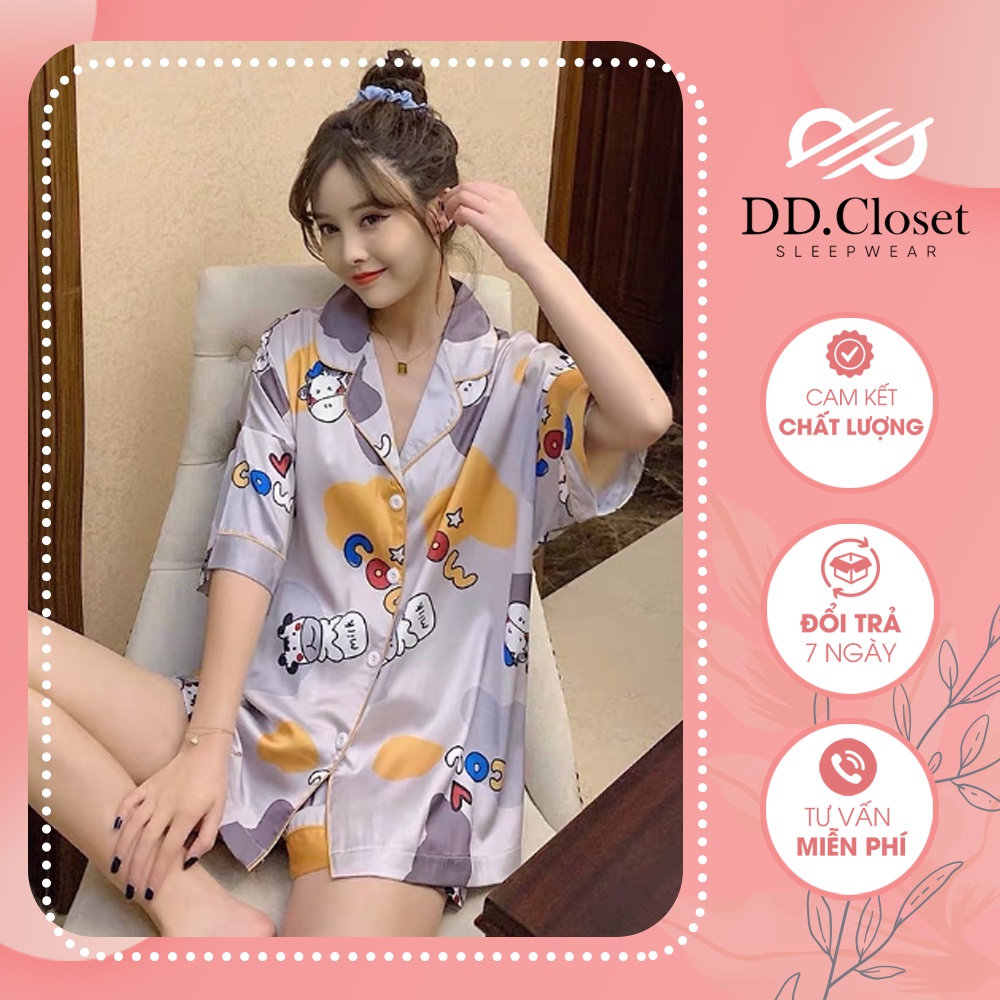 Bộ đồ ngủ pijama nữ cộc tay quần dài chất lụa Kate Thái mềm mịn màu tím nhạt hình bò sữa siêu cute - CD0054