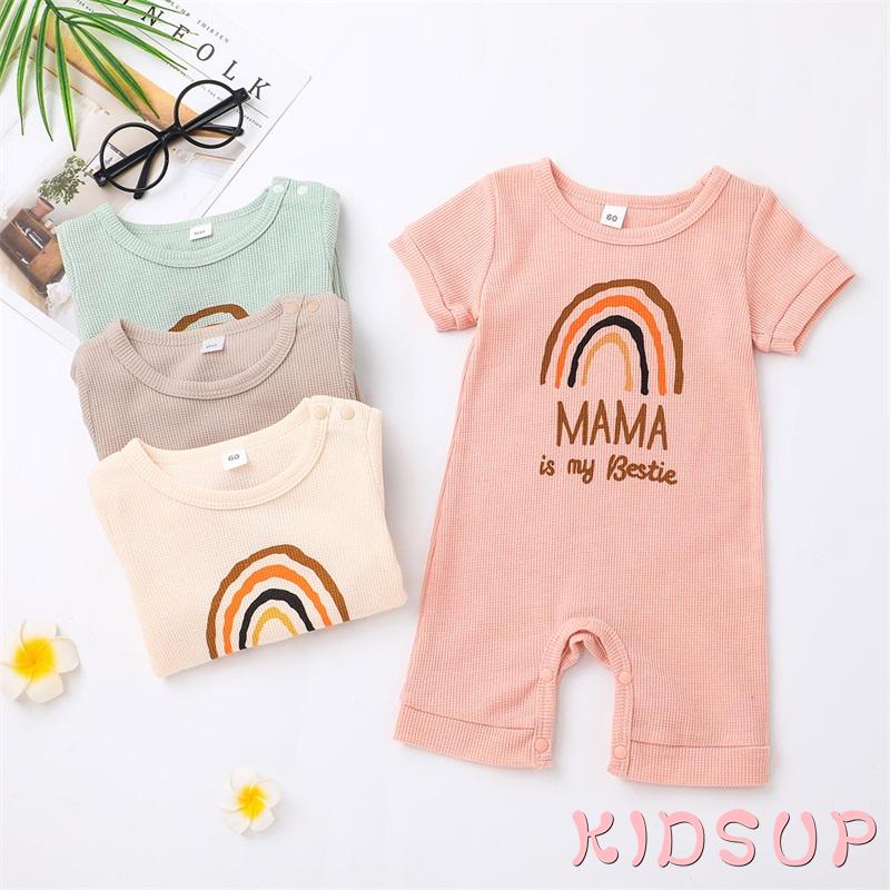 Bộ Áo Liền Quần Cổ Tròn Tay Ngắn Thoáng Khí In Họa Tiết Cầu Vồng Xinh Xắn Cho Bé