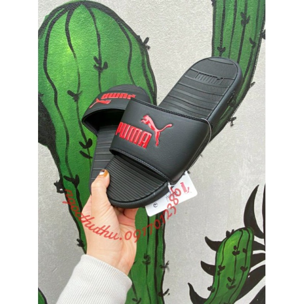 Dép Pu.m.a đen logo báo đỏ