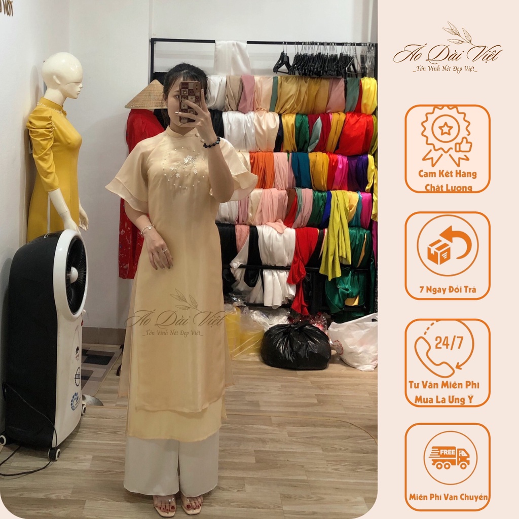 Áo Dài Cách Tân Mẫu Mộc Miên Đủ Màu Sắc Thêu 4 Tà Thời Trang thiết Kế Siêu Xinh của Áo Dài Việt