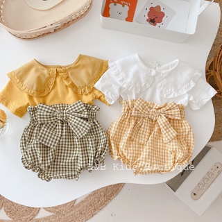 Set áo cổ bèo +quần chip kẻ nơ bụng bé gái