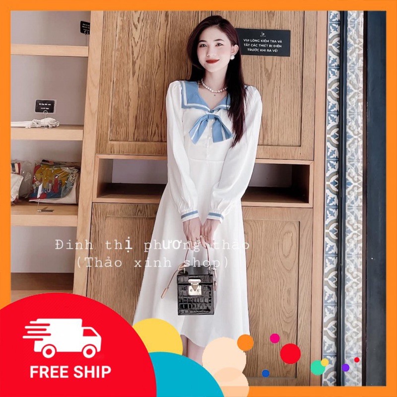 Váy trắng thuỷ thủ siêu hot Chất lụa tằm qc cao cấp cực đẹp mát Cúc ngọc cổ đơm tay tỉ mỉ May dài y mẫu