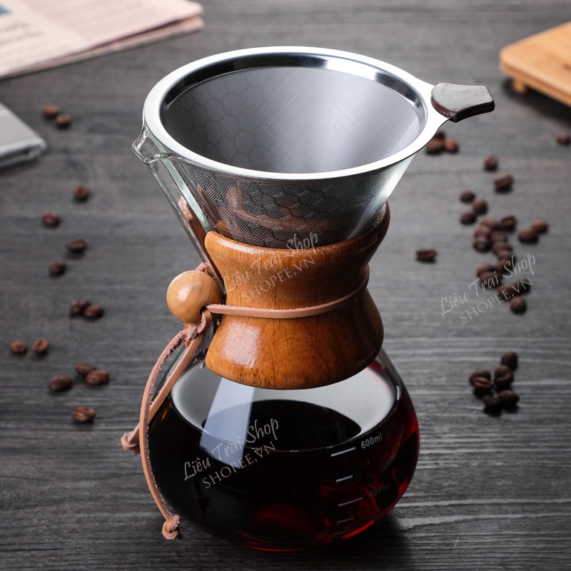 Bình pha v60 cà phê cafe pour over V60 Chemex drip không giấy lọc Inox 304 600ml