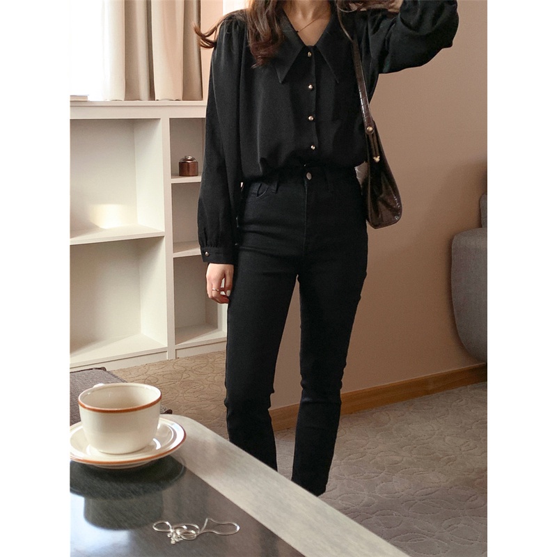 SUXI Áo sơ mi tay dài cổ chữ V màu sắc trẻ trung cho nữ