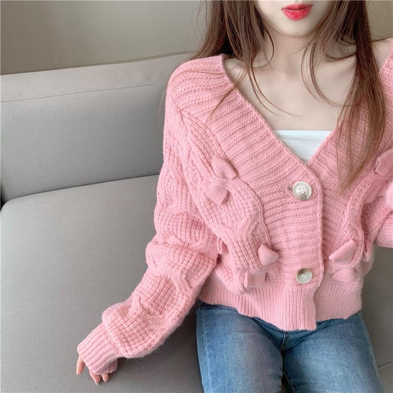 Áo khoác cardigan dệt kim dáng rộng mềm phối nơ phong cách mùa thu Hàn Quốc cho nữ