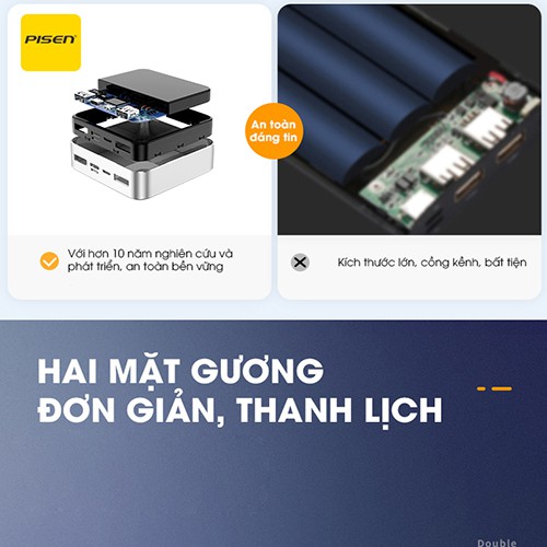 Sạc dự phòng Pisen Mini Mirror 10000mah, lắc để sạc, vật liệu hợp kim và kính cường lực, nhỏ gọn, bảo hành 24 tháng