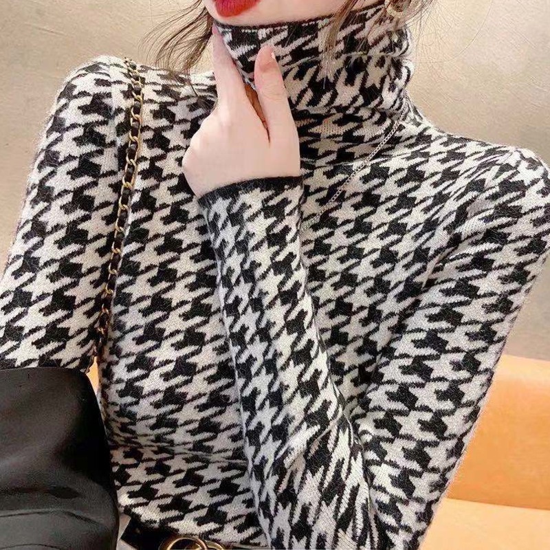 Áo len RENJIANVSHENG cổ cao họa tiết Houndstooth thời trang dành cho nữ