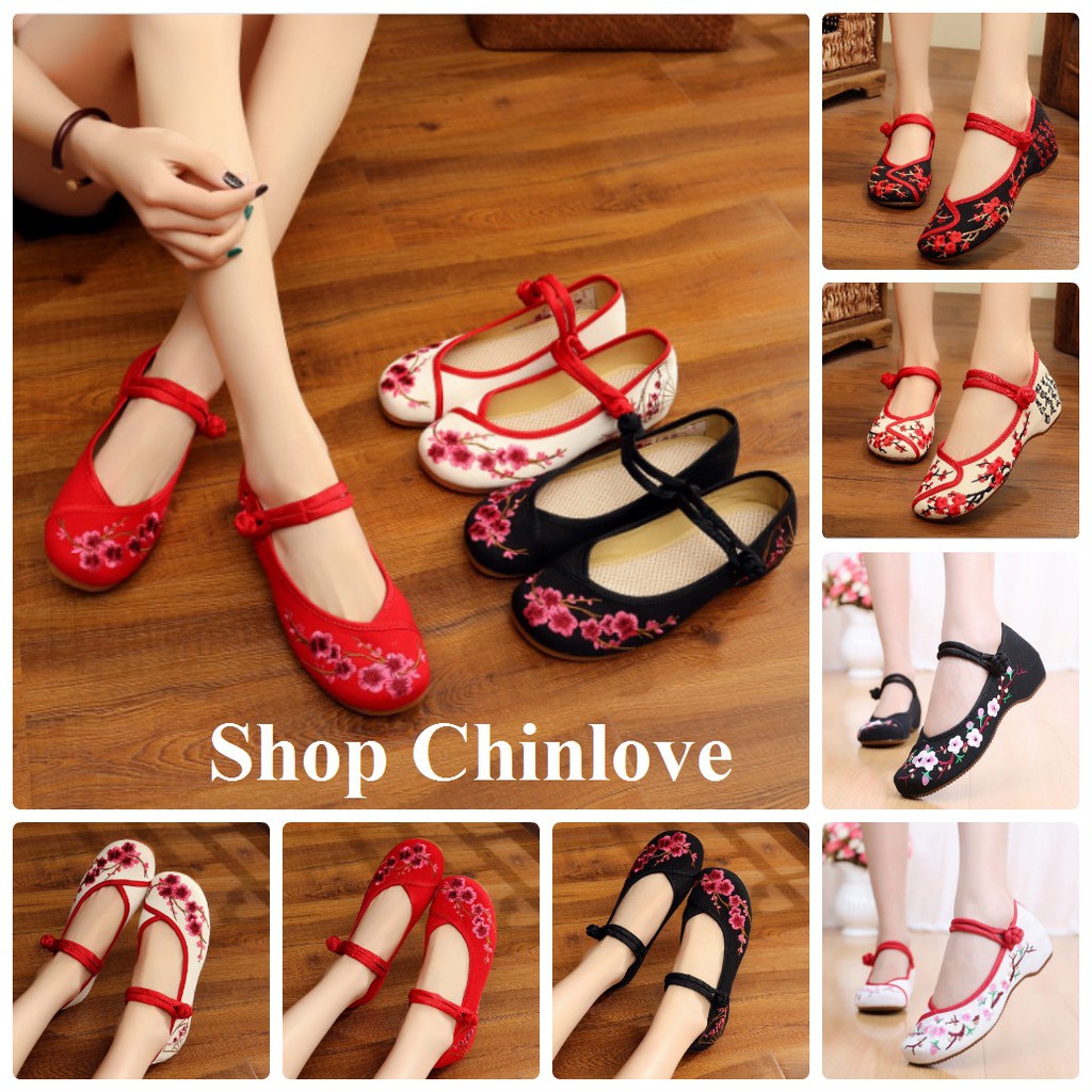 Giày cổ trang trung quốc thêu hoa đào gót cao 3cm có sẵn