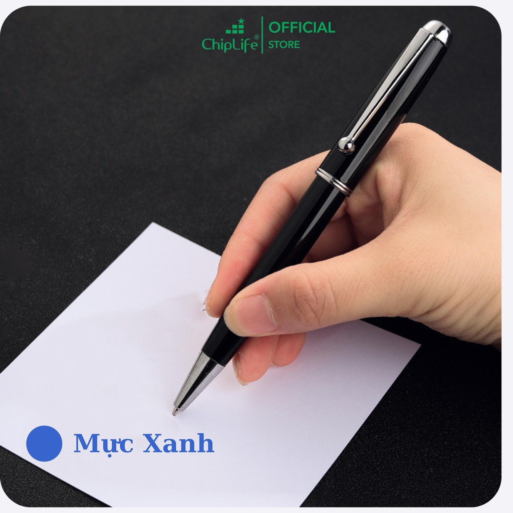 Bút ký doanh nhân cao cấp cài bi CHIPLFE PX012 khắc tên - Đen viền bạc ngòi 0.7mm mực xanh