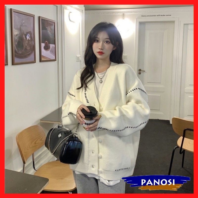 Áo khoác len cardigan form rộng thiết kế sọc viền đen Hàn Quốc chất dày dặn hàng đẹp PANOSI - A60