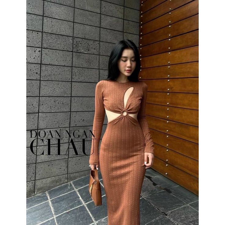 đầm gân tay dài khoét 3 khoen ngực cá tính chất thun gân