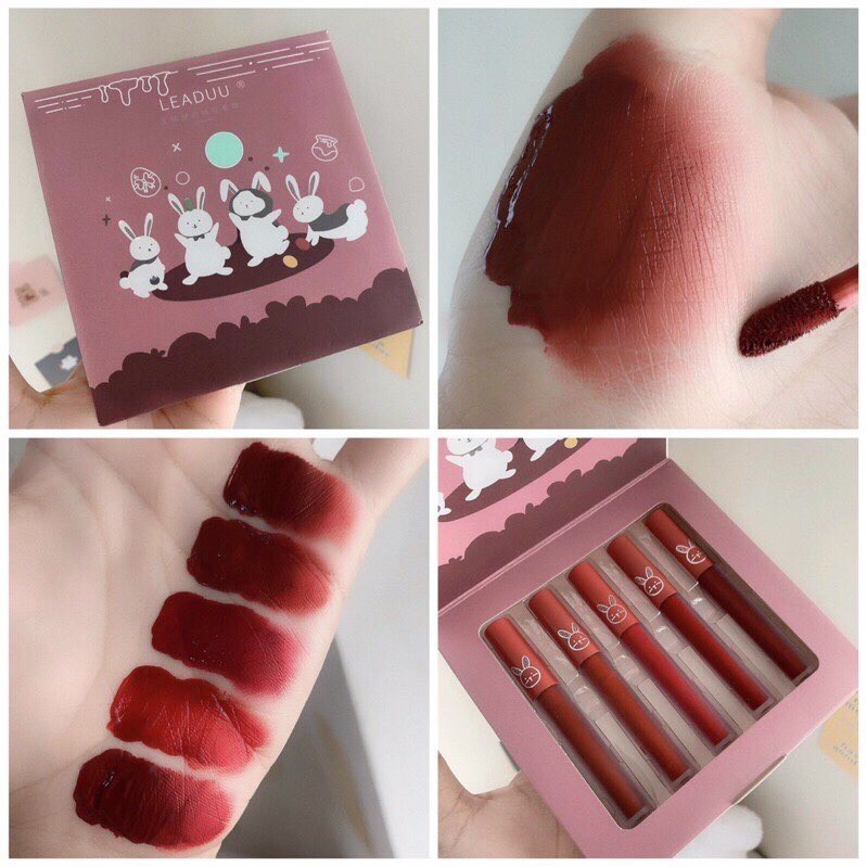 Set son môi kem lì 5 cây Leaduu hình thỏ trắng siêu xinh, Set son nội địa Trung mềm môi lâu trôi. Son học sinh giá rẻ