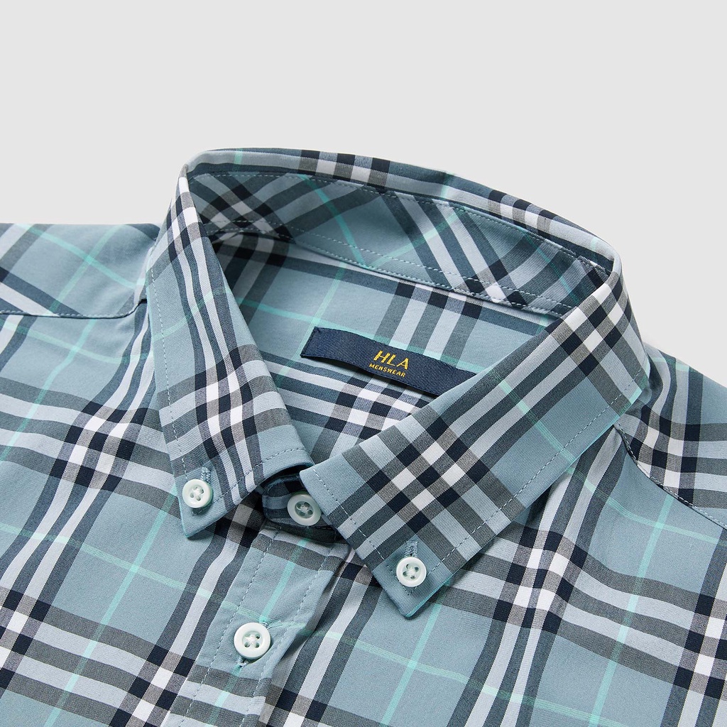 HLA - Áo Sơ Mi Nam Ngắn Tay Phối Sọc Caro Contrasting Plaid Short Sleeve Casual Shirt