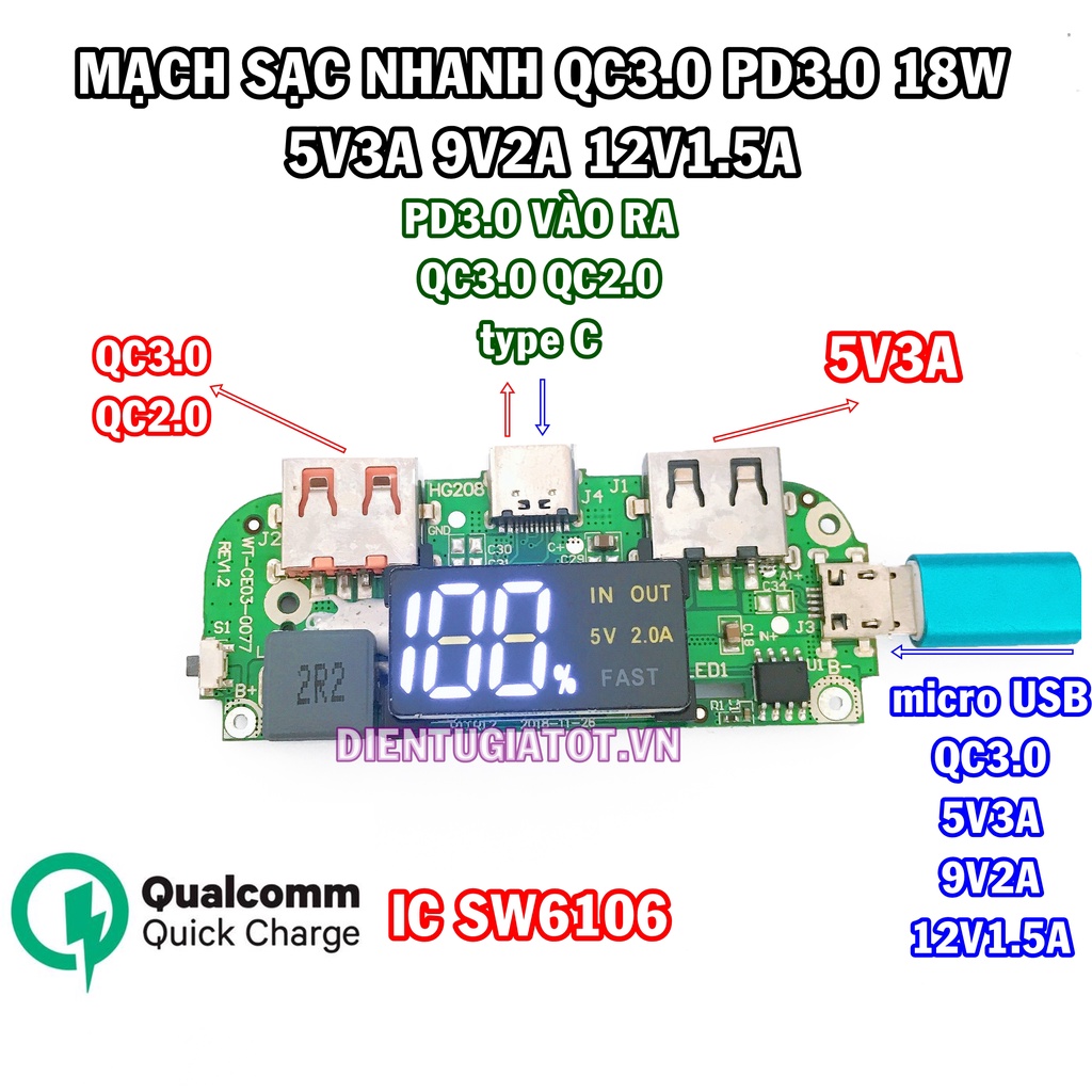 Mạch sạc dự phòng sạc nhanh qc3.0 pd3.0 18w - IC SW6106 mẫu 5