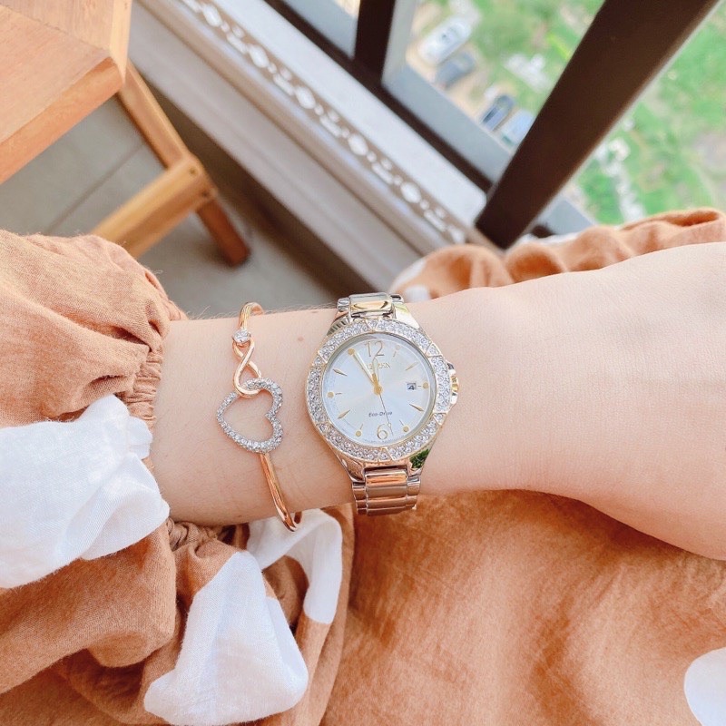 ĐỒNG HỒ NỮ CHÍNH HÃNG Citizen FE1164-53A Silhouette Crystal Demi Gold Eco Drive