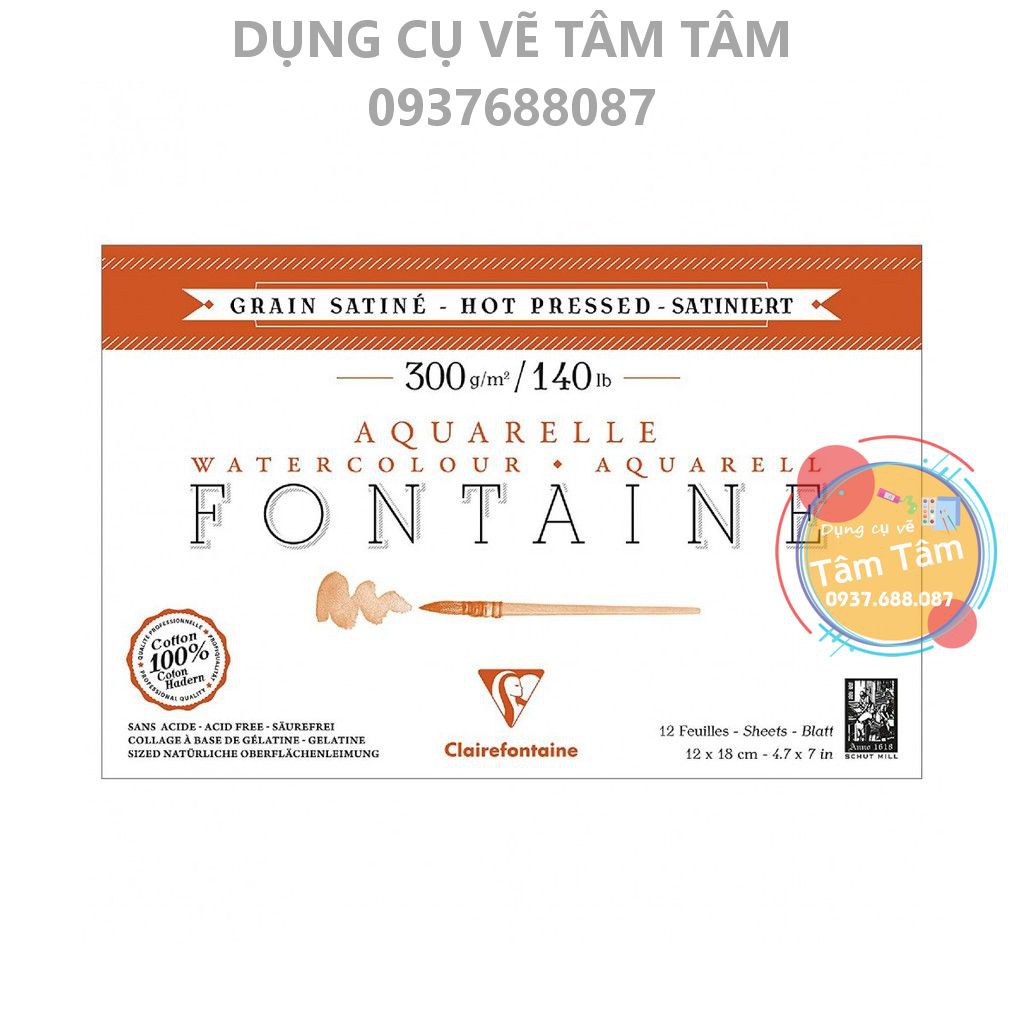[ TÂM TÂM ]-Sổ vẽ màu nước Clairefontaine Aquarelle Fontaine watercolor hotpress 300gsm 12 sheets-