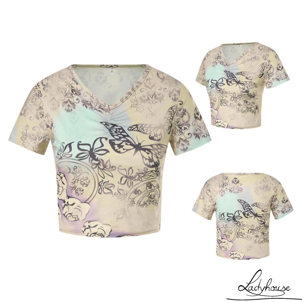 Ld Áo Thun Crop Top Tay Ngắn Cổ Chữ V In Hình Bướm Giản Dị Mùa Xuân Hè Cho Nữ S/M/L/XL/XL/XXL