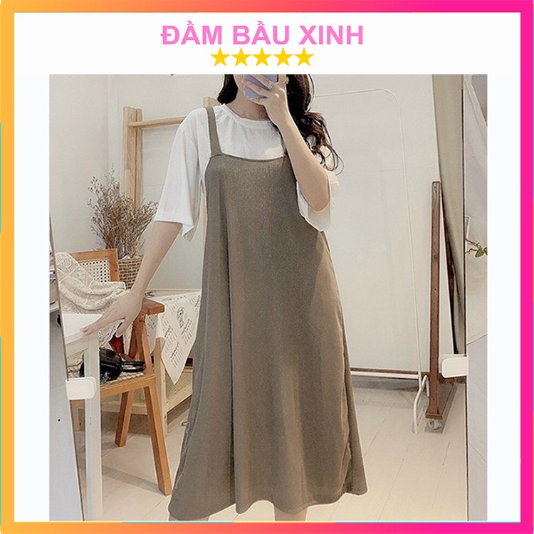 Set Đầm Bầu Yếm Kèm Áo Phông Cotton Tay Lỡ Bộ Váy Yếm Áo Thun Dáng Rộng Hàng VNXK