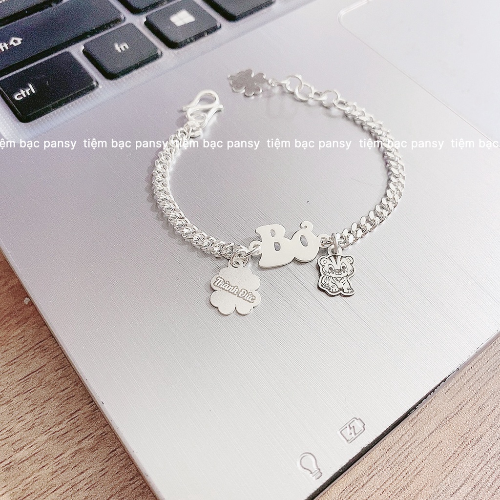 Lắc bạc khắc tên cho bé kèm charm cỏ 4 lá dễ thương - Vòng bạc đeo tay, chân cho bé trai, bé gái từ sơ sinh đến 10 tuổi