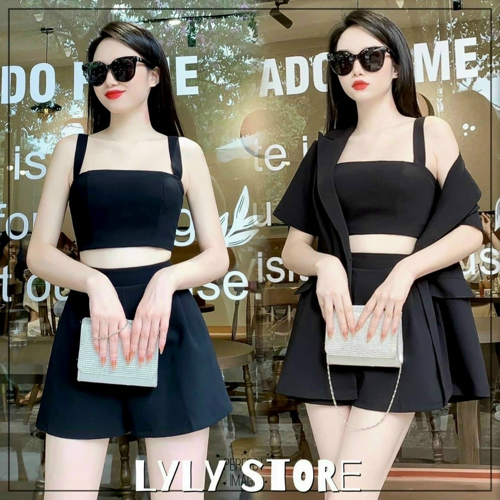(FreeShip 2022) Sét vest nữ 3 món,sét thiết kế áo vest tay ngắn kèm áo 2 dây from croptop mix quần,chất tuyết mưa cao ca